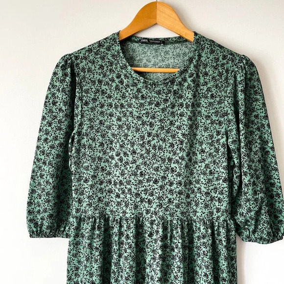 Zara Tiered Floral Midi Dress Green Black Size Small - Picture 5 of 8